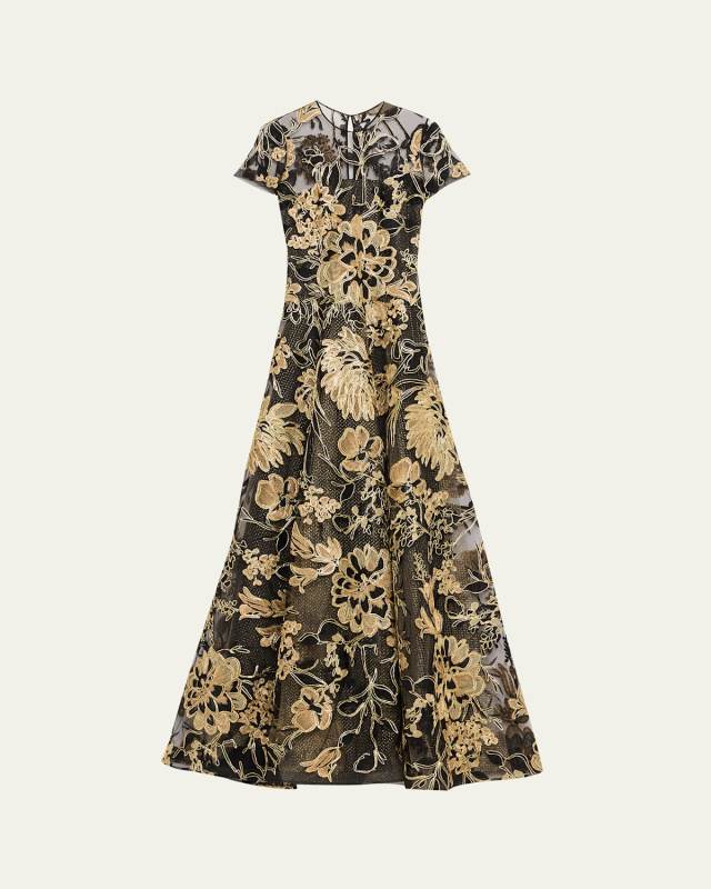 Metallic Embroidered Short-Sleeve A-Line Gown